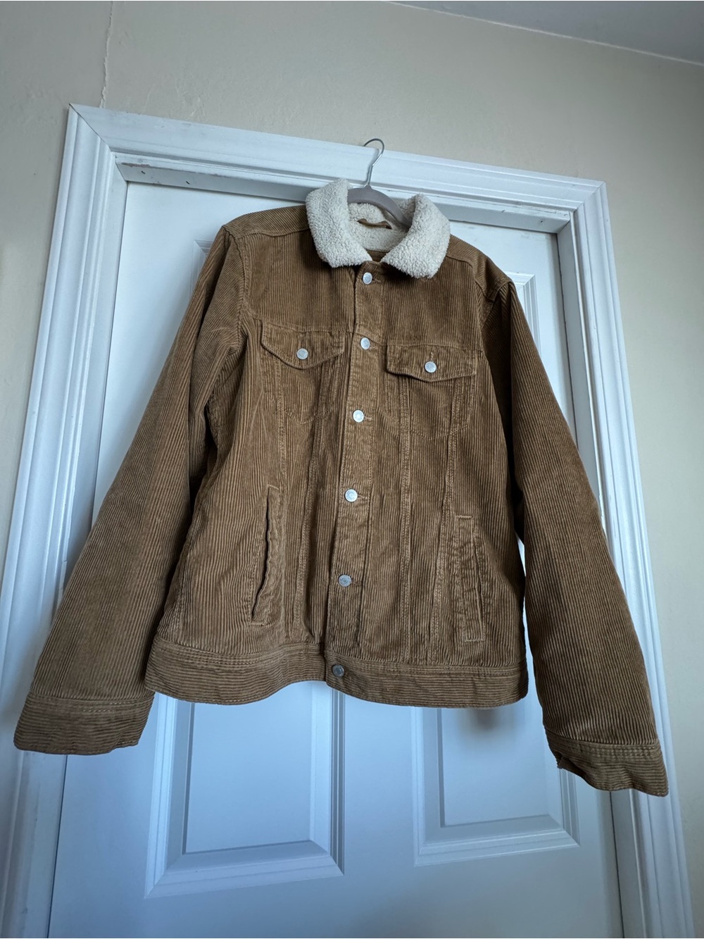 Men’s Hollister Large Camel Brown Tan Corduroy Sherpa Lined Button Up Jacket